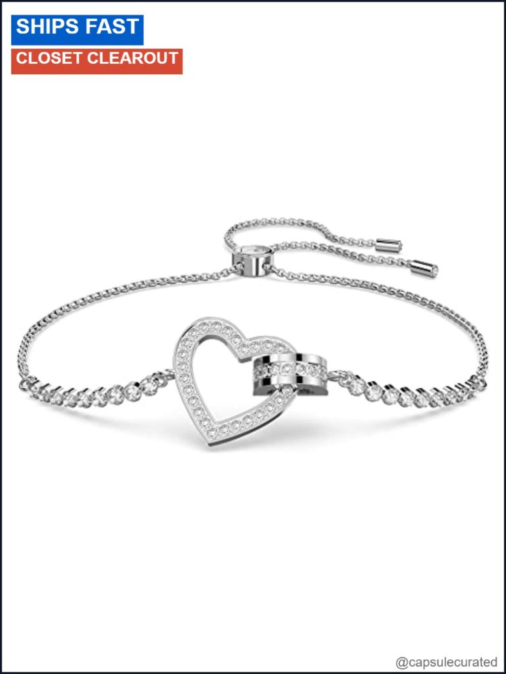 Swarovski Crystal Heart Bangle Bracelet Rhodium Finish